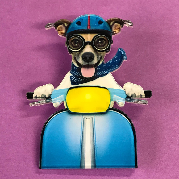 Terrier Dog Riding Scooter Acrylic Pin Brooch - Picture 1 of 4